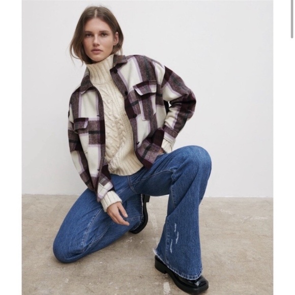 ZARA Womens Plaid Shacket in Cream/Purple￨Size Medium - Picture 3 of 12